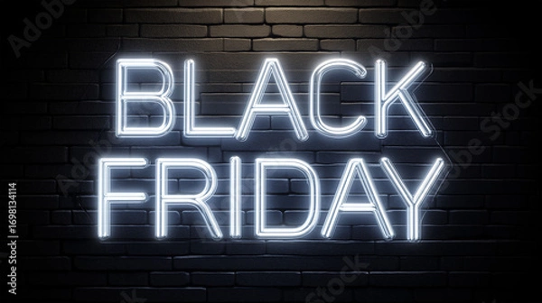 Fototapeta Neon Sign of Black Friday: A striking neon sign illuminates the words Black Friday against a weathered brick wall, embodying the thrill and anticipation of the renowned shopping event.