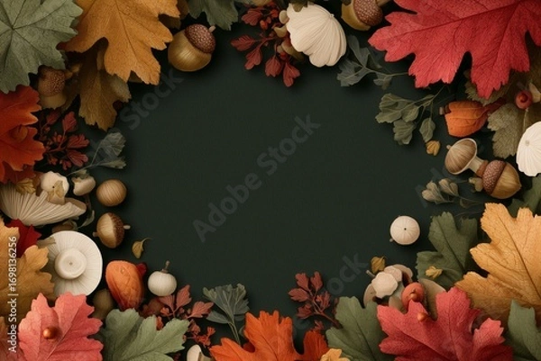 Obraz Autumn sale frame template, empty space for promotional text, realistic fall border with seasonal elements, maple, oak leaves, mushroom, acorn, dark green background, cozy colors, luxury banner design