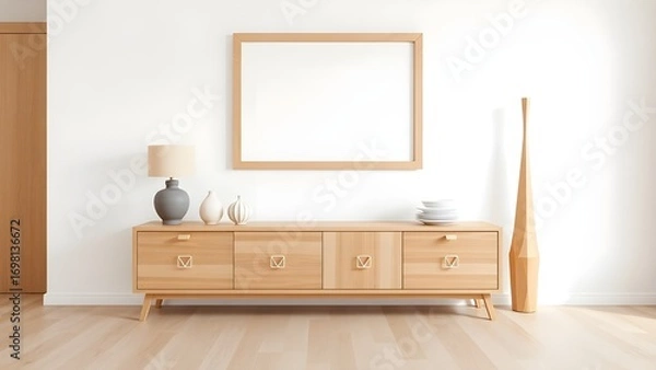 Fototapeta Rustic wooden cabinet near white wall with blank mockup poster frame with copy space. Boho interior design of modern living room. Created with generative AI