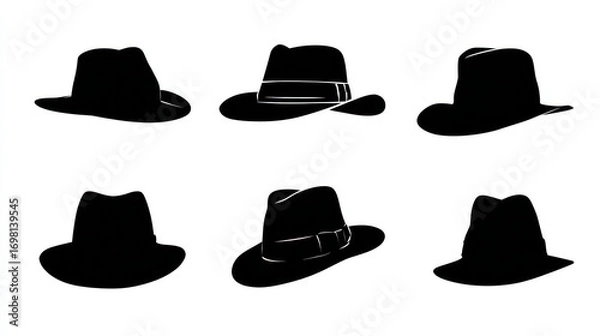 Fototapeta Set the fedora hat silhouettes. logo and icon on a white backdrop. vector drawing. 