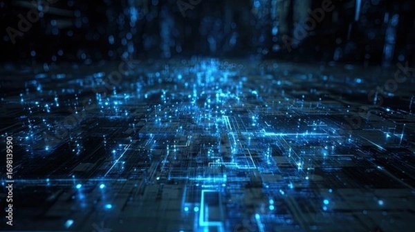 Fototapeta Futuristic digital circuit board with glowing blue lines, abstract technology background symbolizing data, artificial intelligence, and high speed network