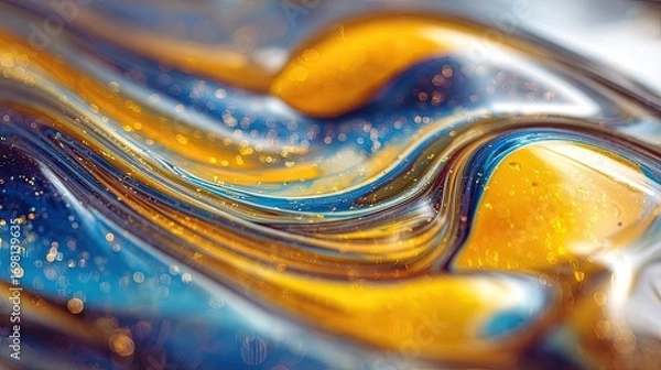 Fototapeta Abstract fluid art with golden and blue waves, shimmering glitter texture and flowing liquid pattern, modern luxury background design for creativity