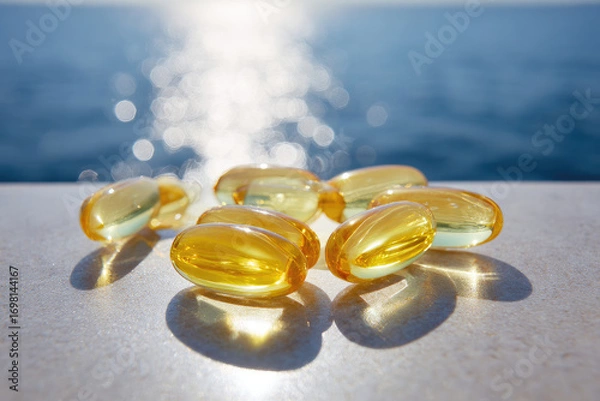 Fototapeta 
Vitamin D pills or capsules with fish oil and omega 3 fats on a clean background back-lit by the sun