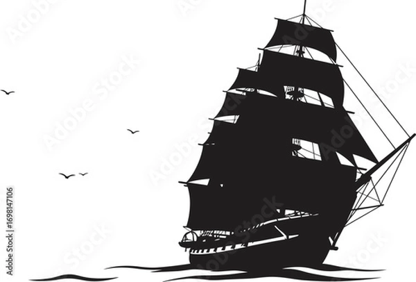 Fototapeta a sailing ship with birds flying above on transparent background silhouette