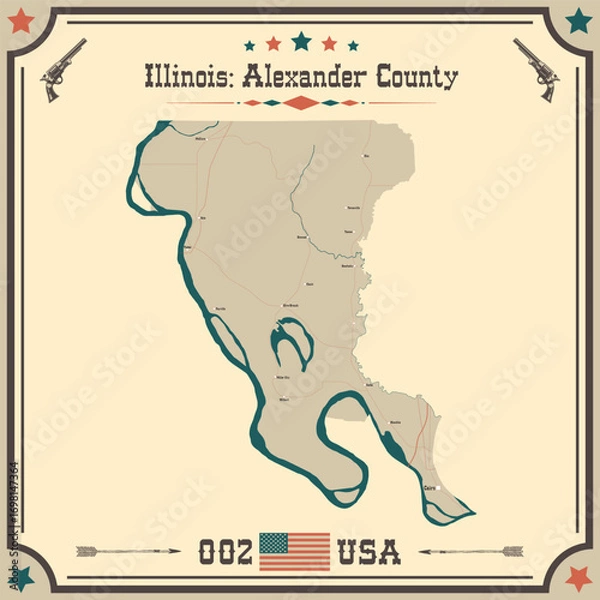 Fototapeta Large and accurate map of Alexander County, Illinois, USA with vintage colors.