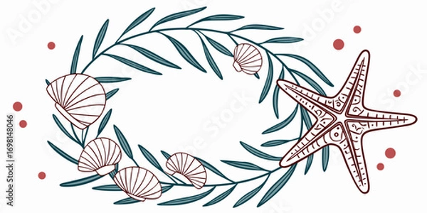 Fototapeta Seashells and starfish wreath with leaves and dots in a decorative design with a white background
