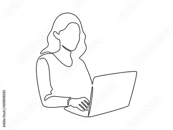 Fototapeta Woman with laptop computer in one continuous line drawing. Symbol of businesswoman and female student in simple linear style. Searching concept in Editable stroke. Handwriting vector illustration