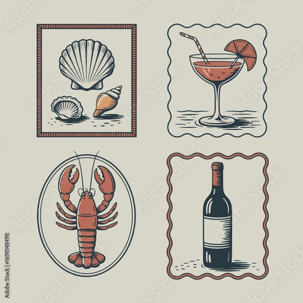 Fototapeta Vintage style illustrations of seashells, cocktail, lobster, and wine bottle vector