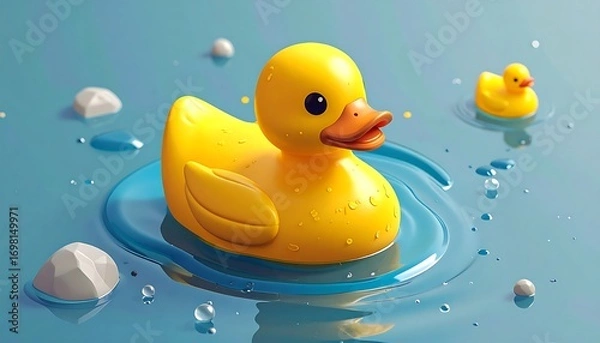 Fototapeta Two yellow rubber ducks on a rippled water surface
