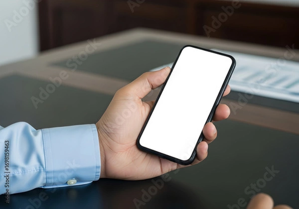 Fototapeta Businessman Holding a Smartphone with a Blank Screen Mockup