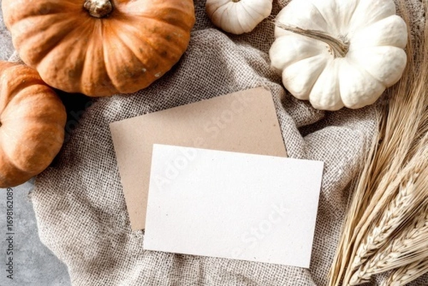 Fototapeta Autumn Pumpkins with Blank Cards on Burlap Background for Fall Themes.