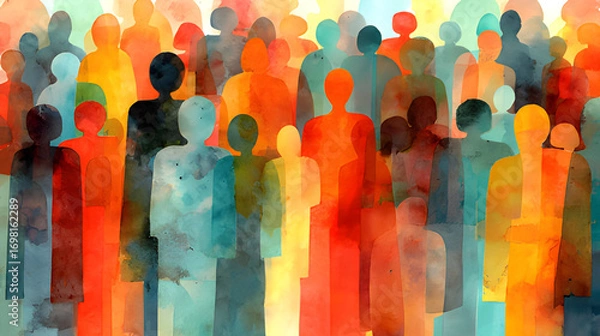 Fototapeta Social status diversity community. Peer pressure, business network leadership grunge design concept. Team members, watercolor diverse crowd of people. Dirty minds, equality, multiple intelligence