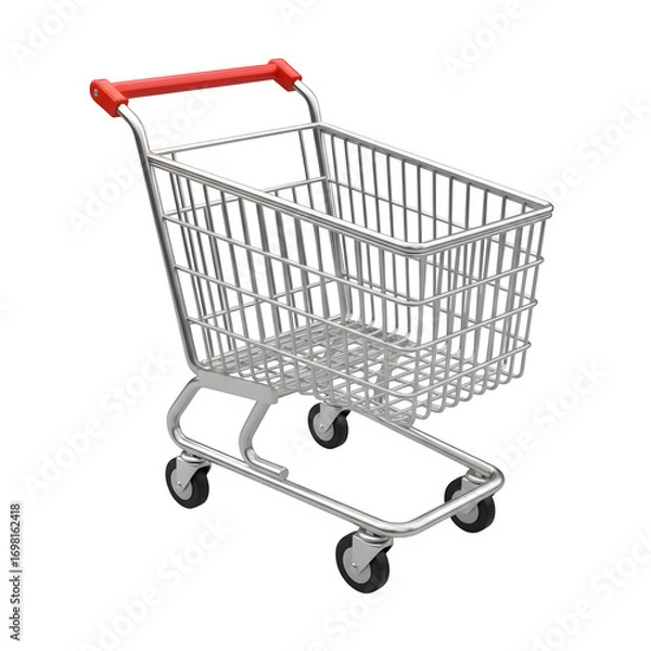 Fototapeta Miniature chrome shopping cart with red handle isolated on transparent background