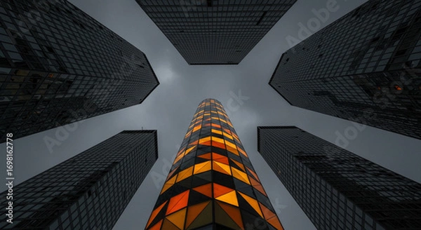 Fototapeta Low angle view of illuminated modern skyscrapers against a dark sky, geometric patterns of light on a building