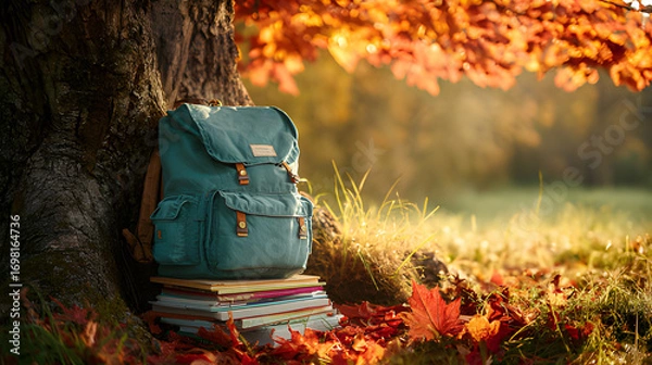 Fototapeta College student fall natural photography. Teal backpack resting on a stack of books under the tree, surrounded by fallen golden and brown leaves. College bed autumn fall in the park, back to school