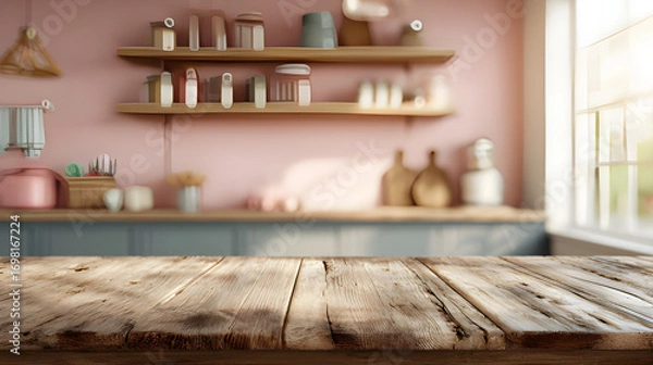 Fototapeta Colorful kitchen interior decor with a blender on rustic wooden table with blurred shelves background