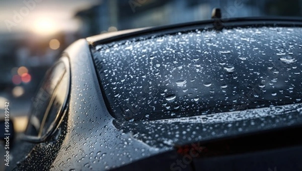 Fototapeta Raindrops clinging to a dark car's rear window at sunset