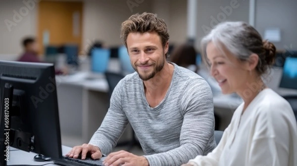 Fototapeta Two adults, likely students, interacting at a computer in a computer lab