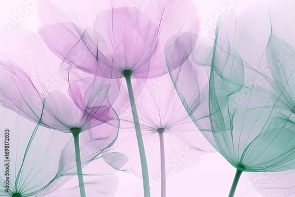 Fototapeta X-ray style flowers in delicate pink and purple tones with soft background