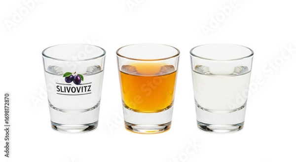 Fototapeta Three shots of slivovitz isolated on transparent background, different colors