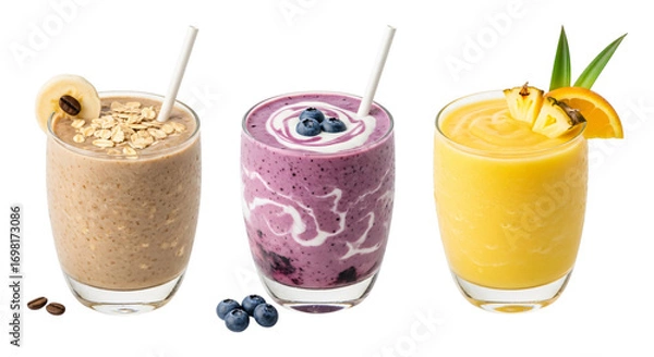 Fototapeta Three fruit smoothies isolated on transparent background, different flavors