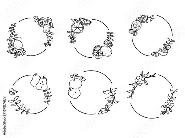 Fototapeta 果物のお洒落でシンプルな線画の丸いフレーム・手描きイラスト・レモン・りんご