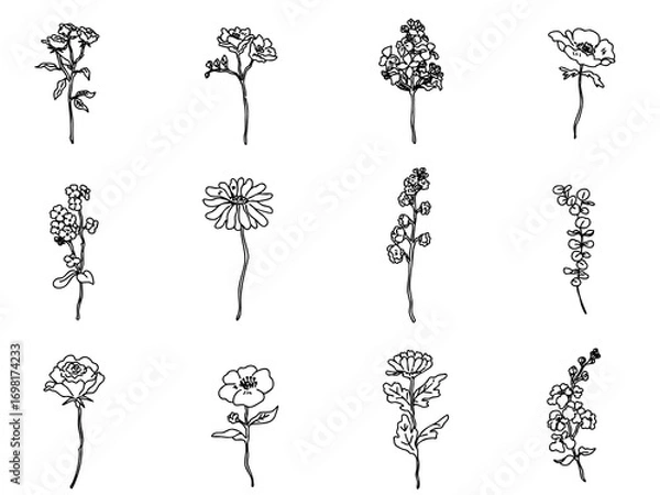 Fototapeta シンプルな白黒の花や植物の線画アイコンセット・ナチュラル・お洒落・一輪
