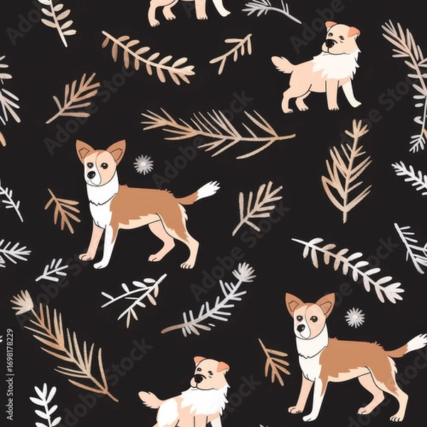 Fototapeta Seamless pattern of a illustration dog and pine winter
