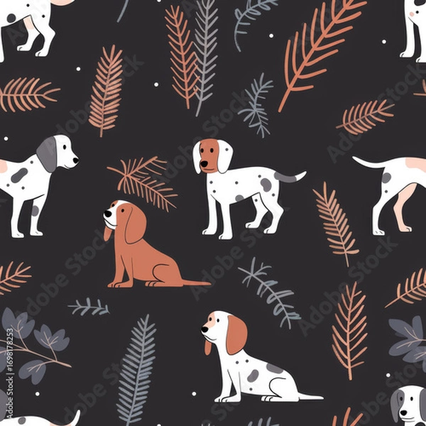 Fototapeta Seamless pattern of a illustration spotted dog and botanical winter pattern