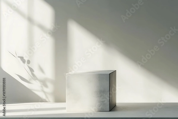 Fototapeta A compact square podium, clean and empty, placed on white flooring.