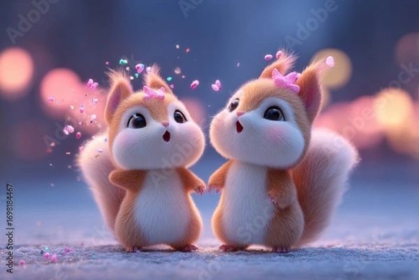 Obraz Two Adorable Squirrels Surrounded By Sparkling Petals In A Dreamy Forest Setting