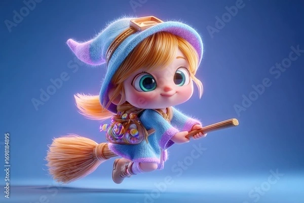 Fototapeta Whimsical Character Dressed in Colorful Costume Flying on a Stick