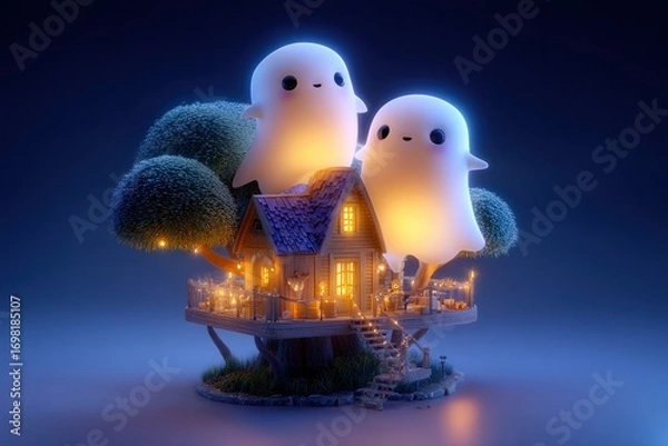 Obraz Whimsical Ghosts Embracing Above Enchanted Treehouse With Twinkling Lights