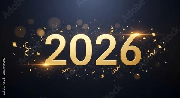 Fototapeta Vibrant Golden 2026 New Year Celebration Display with Sparkling Confetti and Bokeh