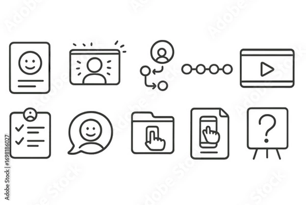 Fototapeta Outline communication and profile icons set. User profile, chat bubble, video player, flow diagram icon. Vector icons.