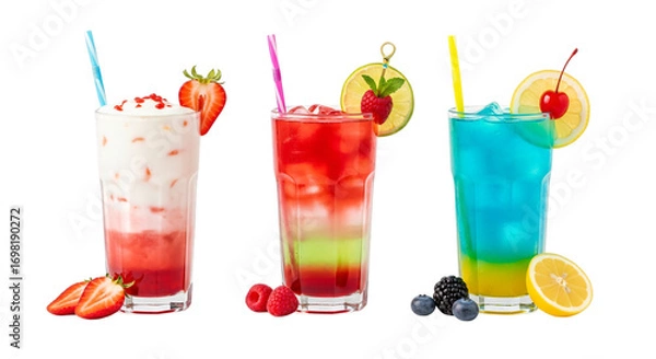 Fototapeta Three colorful cocktails isolated on transparent background for summer