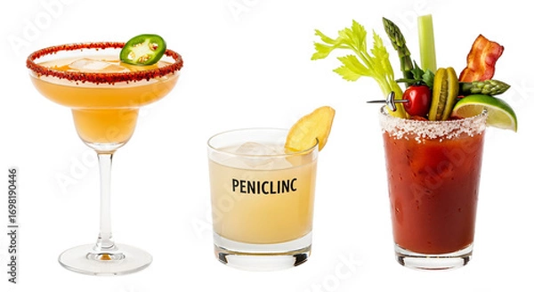 Fototapeta Three different cocktails isolated on transparent background, close up
