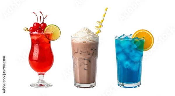 Fototapeta Three different cocktails isolated on transparent background, close up