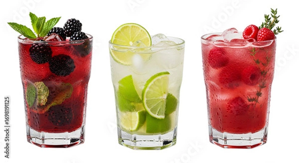 Fototapeta Three refreshing cocktails isolated on transparent background