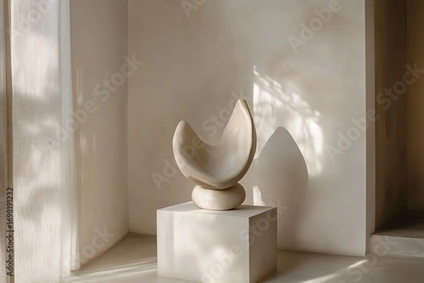 Fototapeta A calm interior corner showcasing a large abstract stone sculpture.