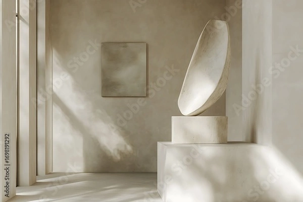 Fototapeta A calm interior corner showcasing a large abstract stone sculpture.
