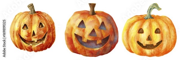 Fototapeta Set of Three Carved Halloween Pumpkins with Smiling Faces on Transparent Background