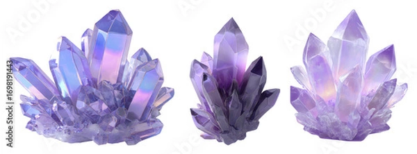 Fototapeta Three Beautiful Amethyst Crystal Clusters with Translucent Facets and Sparkling Highlights on Transparent Background