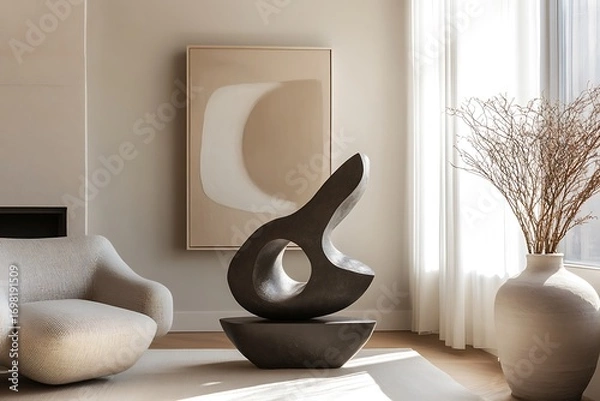 Fototapeta A minimal chic corner featuring a contemporary sculpture displayed on pedestal.