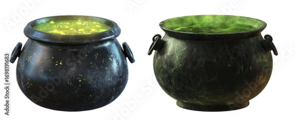 Fototapeta Two Magical Cauldrons with Glow and Steam Creating a Spooky Atmosphere Perfect for Fantasy Themes
