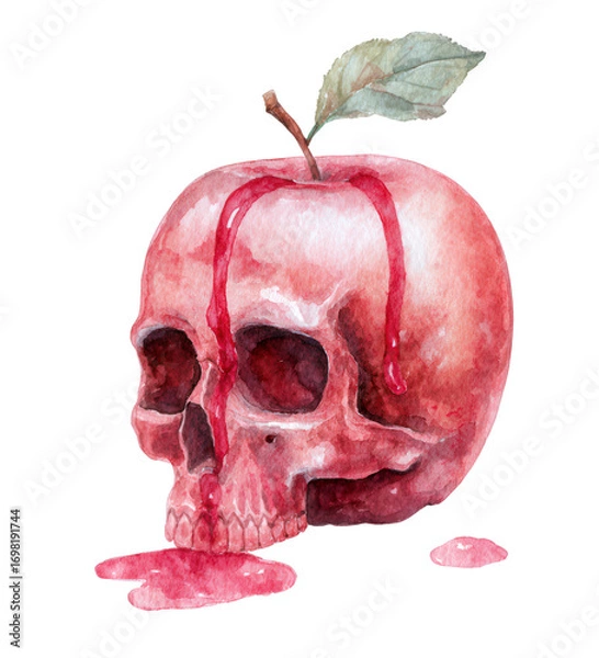 Fototapeta Watercolor Illustration of a Skull Embedded in a Red Apple with Dripping Blood and Leaf on a Transparent Background