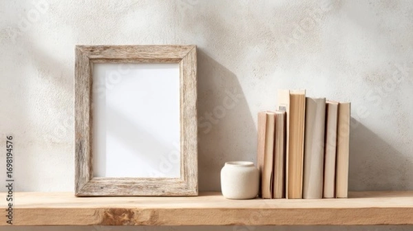 Fototapeta Empty Rustic Wooden Frame And Books On Wooden Shelf. Minimalist Home Decor And Interior Design Concept
