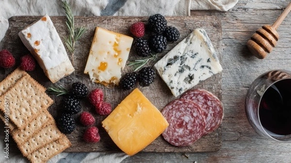 Fototapeta Cheese And Charcuterie Board With Wine And Berries. Gourmet Appetizer Selection For Elegant Dining