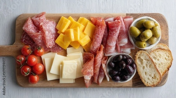 Fototapeta Charcuterie Board With Meats, Cheeses, Olives, Tomatoes, And Bread. Perfect For Gourmet Appetizers And Entertaining