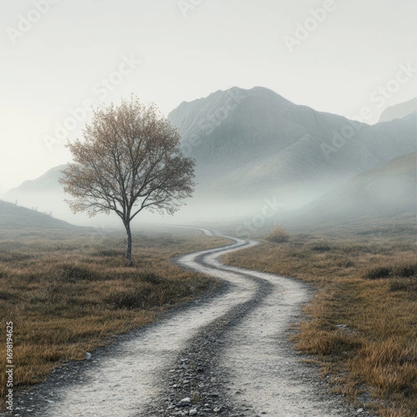 Fototapeta Winding Path Through Misty Mountain Landscape With Lone Tree. Serene And Tranquil Nature Scene